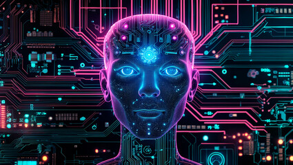 Vibrant neon artificial intelligence with circuit board design