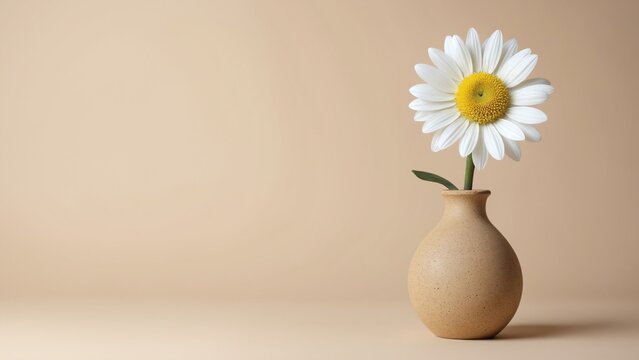 Minimalistic still life composition showcasing a single flower in a simple ceramic vase on a soft neutral background