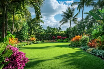 Lush tropical garden with vibrant flowers and palm trees under a cloudy blue sky view scene