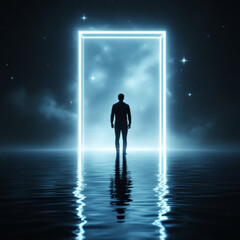 Obraz premium Mystical Portal to Another Dimension, Silhouette of a Man in Doorway Above Water, Fantasy Gateway, Ethereal Transformation, Cosmic Journey, Dreamlike Escape, Surreal Adventure