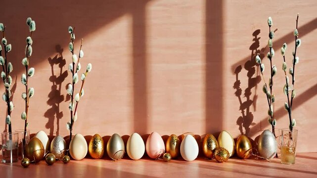 Elegant row of decorated eggs alongside pussy willow branches in vases against light pink textured wall with shadows, still life scene