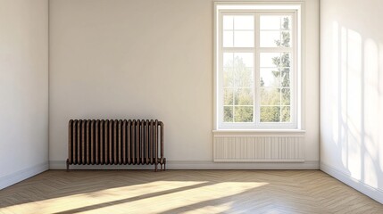 A sunlit empty room with a large window, white walls, wooden floor, and a vintage radiator evokes simplicity and spaciousness, perfect for home or interior design inspiration.