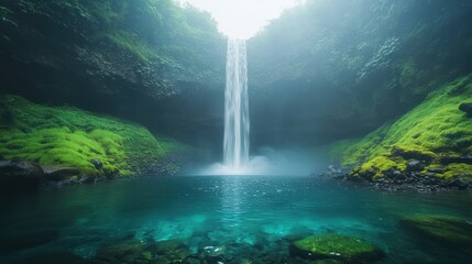 Lush waterfall cascading into a turquoise pool