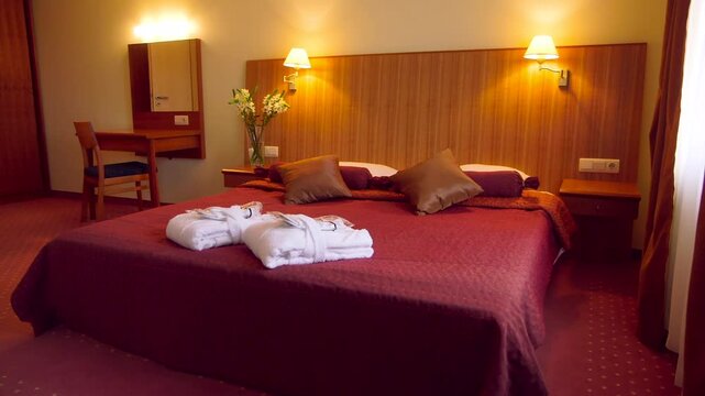 A Chic Hotel Bedroom Decorated in Red Tones. Huge Wooden Headboard. Lit Night Lights. Two White Robes and Slippers on the Bed for a SPA Visit.