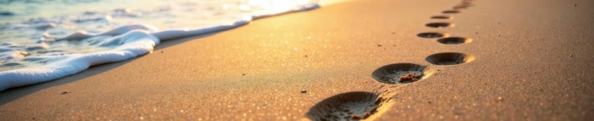 Obraz premium Deeply etched footprints in wet sand, receding tide, shadow, light