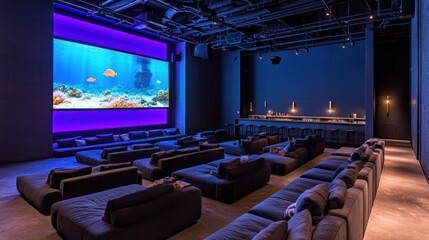 Naklejka premium Luxurious modern home theater space featuring couches and a large screen