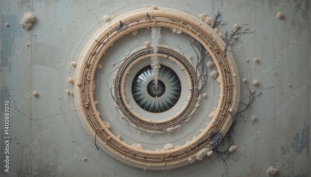 Poster dynamic mechanical eye mechanism abstract art installation digital artwork futuristic environment cl