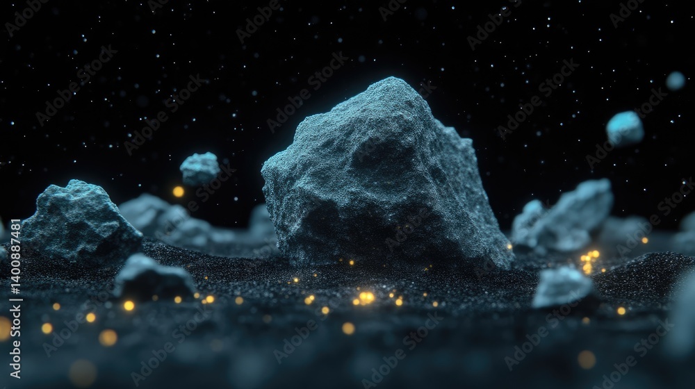 Poster asteroid field in deep space. dusty celestial rocks against a backdrop of stars. abstract digital ar