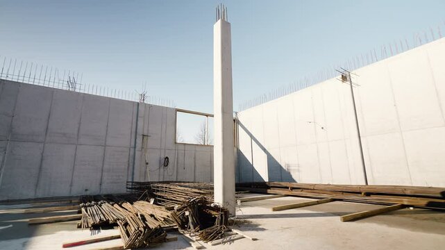 Bright sunlight highlighting freshly poured concrete pillar rising within construction site, revealing emerging architectural framework and scattered building supplies