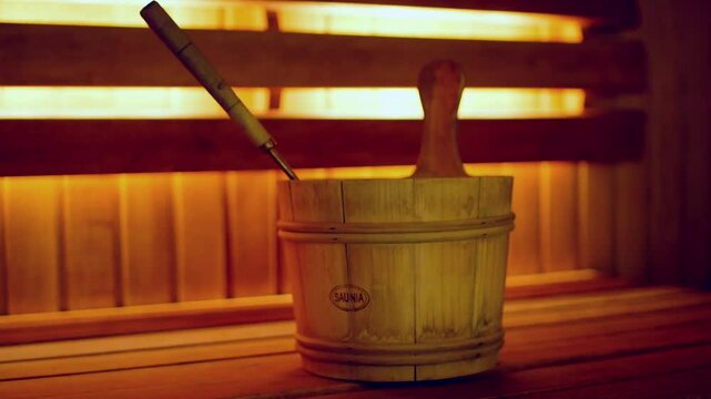 Wooden Bucket with Ladle on Shelf in Comfortably Lit Up Sauna. Sauna is a Room or Building Designed as a Place to Experience Dry or Wet Heat Sessions.