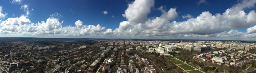 Obraz premium Aerial view of Washington D C showing the Capitol and surrounding monuments - panorama historical monument reflecting planning