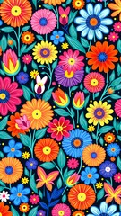 Vibrant Floral Pattern with Colorful Flowers and Abstract Design