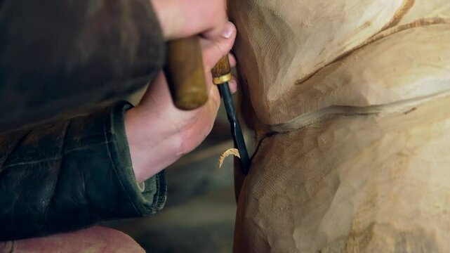 Sculptor Creates a Wooden Sculpture. Carves Grooves in the Visible Outlines. Wood Carving is a Form of Woodworking by Means of a Cutting Tool Chisel and a Mallet, resulting in a wooden figure.