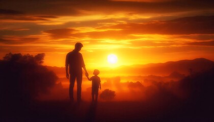 Fototapeta premium Father and Child Holding Hands at Sunset Emotional Silhouette Landscape