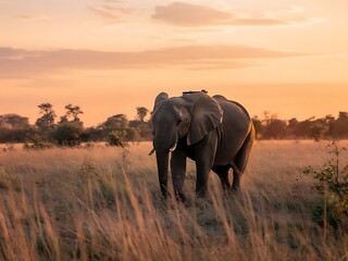 Naklejka premium An elephant walks through tall grass in a natural habitat
