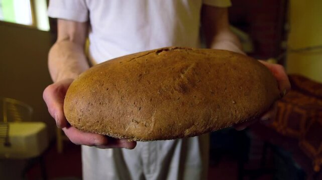 Freshly Baked Sweet and Sour Bread Loave in the Hands of Baker. Bread is a Staple Food Prepared from a Dough of Flour, Usually Wheat, and Water, Usually by Baking.
