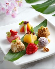 Colorful gourmet dessert selection on a plate.