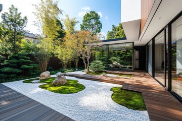 A zen garden with white gravel, green moss, rocks, trees, and a modern building with glass windows