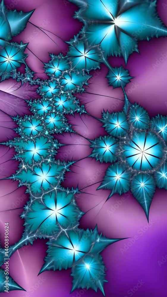 Poster intricate teal flower forms create a surreal, fractal pattern on a soft, purple gradient background,