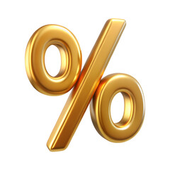 Golden percent sign 3d rendering isolated on transparent background. Cut out