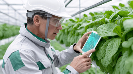 farmer in futuristic greenhouse analyzes plant data on digital tablet, wearing protective gear. lush green plants and advanced technology create modern agricultural setting