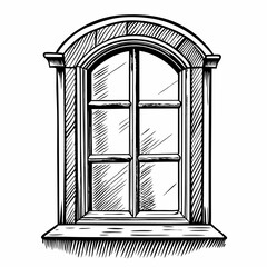 Hand drawn vintage window sketch, arched design, rustic architecture illustration, classic artistic style