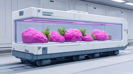 futuristic indoor farming system showcases vibrant pink plants growing in sleek, transparent container. advanced technology and clean design suggest high tech agricultural innovation