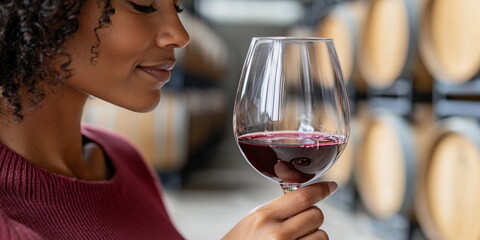 Woman savoring red wine in a winery against wooden barrels  