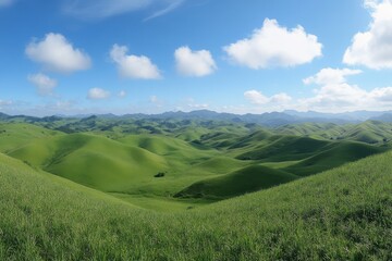 Fototapeta premium A scenic landscape of rolling green hills under a bright blue sky with scattered white clouds above them all