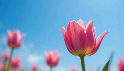 Fototapeta premium Pastel Pink Tulips Against Vivid Blue Sky, Shallow Depth of Field