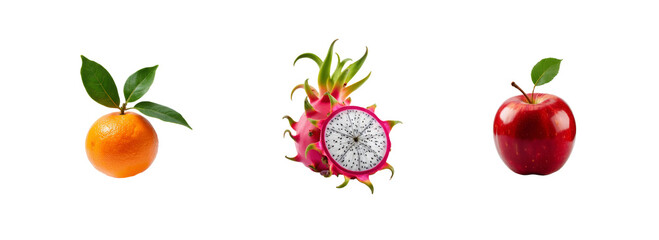 Set with tangerine, dragon fruit, apple, fresh ripe fruits collection isolated on transparent background