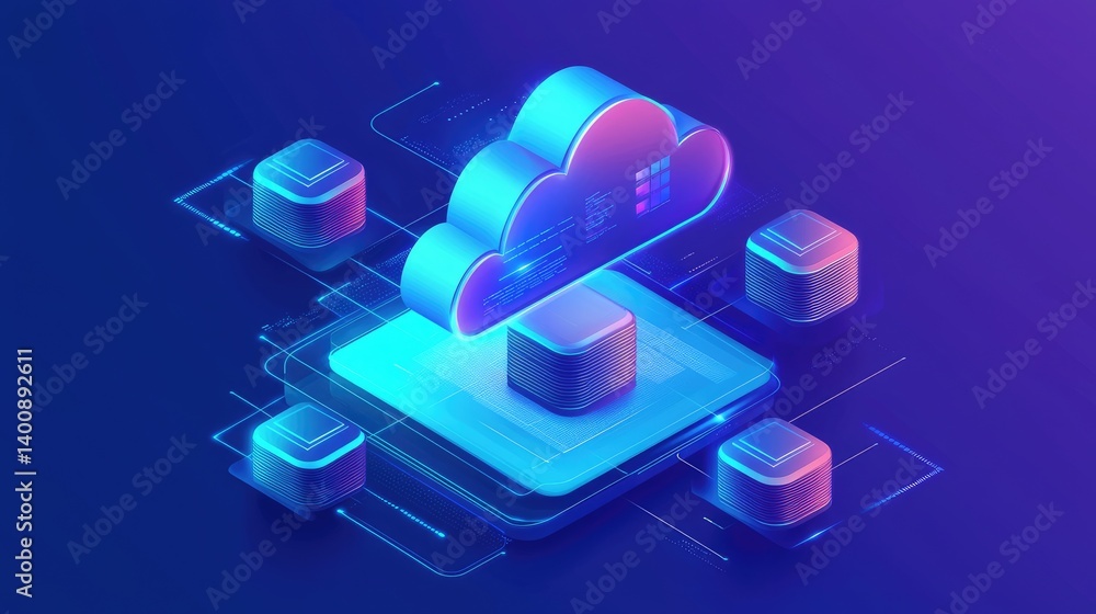 Poster futuristic 3d cloud computing concept with glowing blue and purple hues, symbolizing digital connect