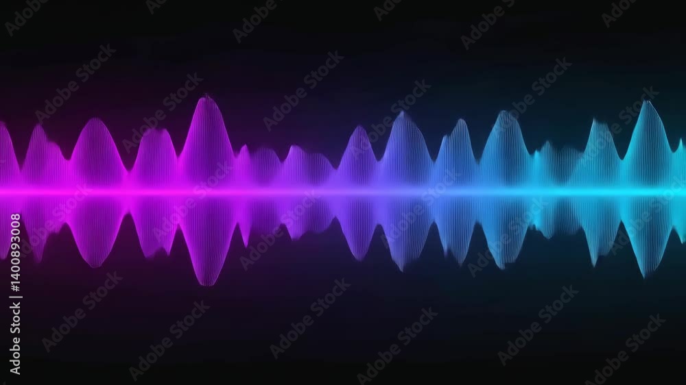 Poster visual representation of sound waves with vibrant blue and pink gradient over dark background