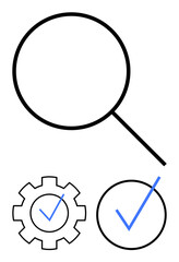 Magnifying glass highlights search, gear illustrates process optimization, and circular checkmarks signify completed tasks. Ideal for inspection, quality, workflow, approval, research analysis. Flat