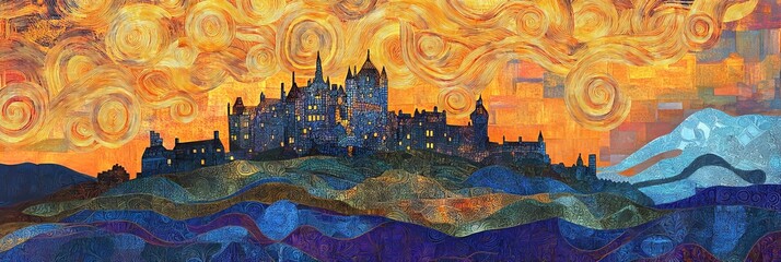 Abstract painting of a castle silhouette against a colorful sky and landscape.