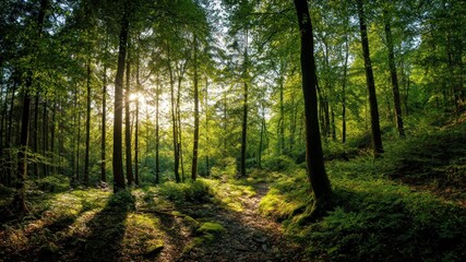 Sunlight filters through a dense forest, creating a tranquil atmosphere.