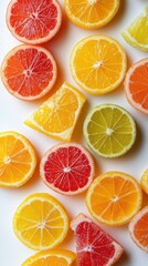 Colorful citrus slices arranged artfully on a white surface create a vibrant and fresh display of fruit
