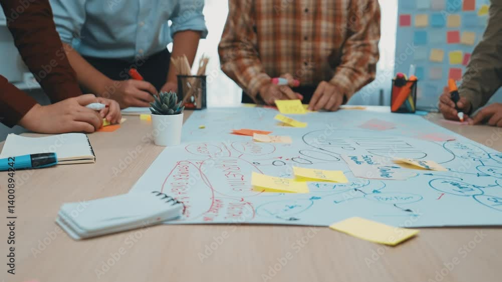Poster a dynamic scene capturing a group of professionals engaged in a creative brainstorming session, usin
