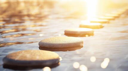 Smooth stones, pathway in water, sunlit