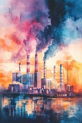 Obraz premium Nuclear power plant emitting smoke at sunset with colorful sky reflecting on water surface, showcasing energy production and environmental impact concept