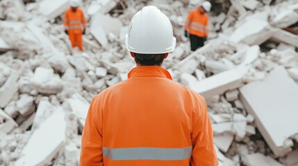 Disaster rescue workers surveying rubble