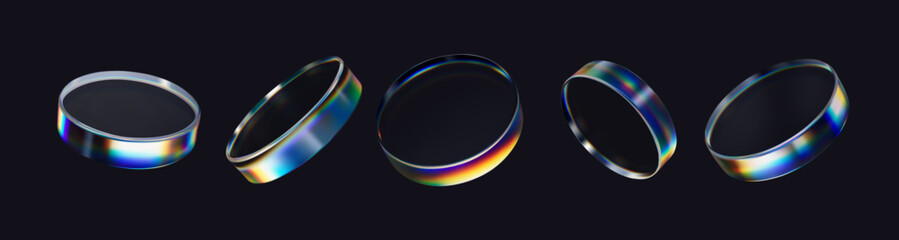3d transparent glossy round disc with dispersion effect. Rainbow colors reflection glass. Vector illustration.