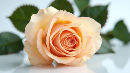 Single Peach Rose Close Up on Reflective Surface for Romantic Occasions