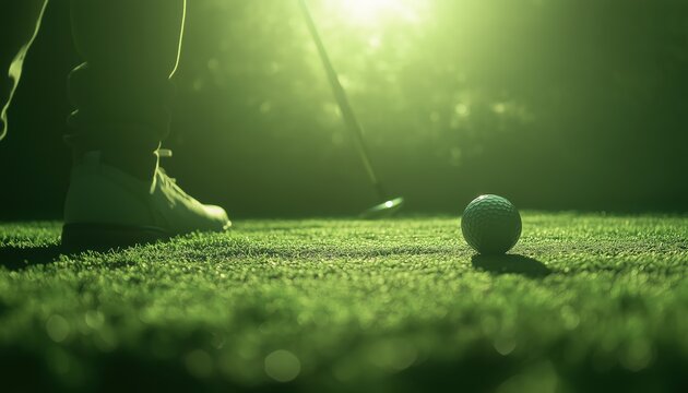 Early Morning Golfing On The Green: Player Putts Golf Ball Towards Hole On Golf Course Fairway With Sunlight.