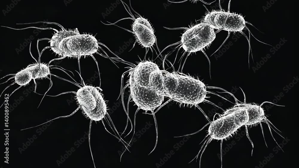 Poster microscopic view of transparent bacterium cells with flagella on a dark background, 3d rendering sho