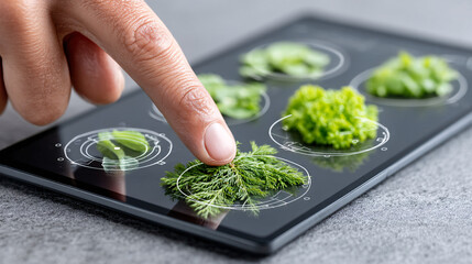 person interacts with digital tablet displaying various herbs, showcasing AI driven food scanning app for detecting nutritional values. interface is futuristic and interactive