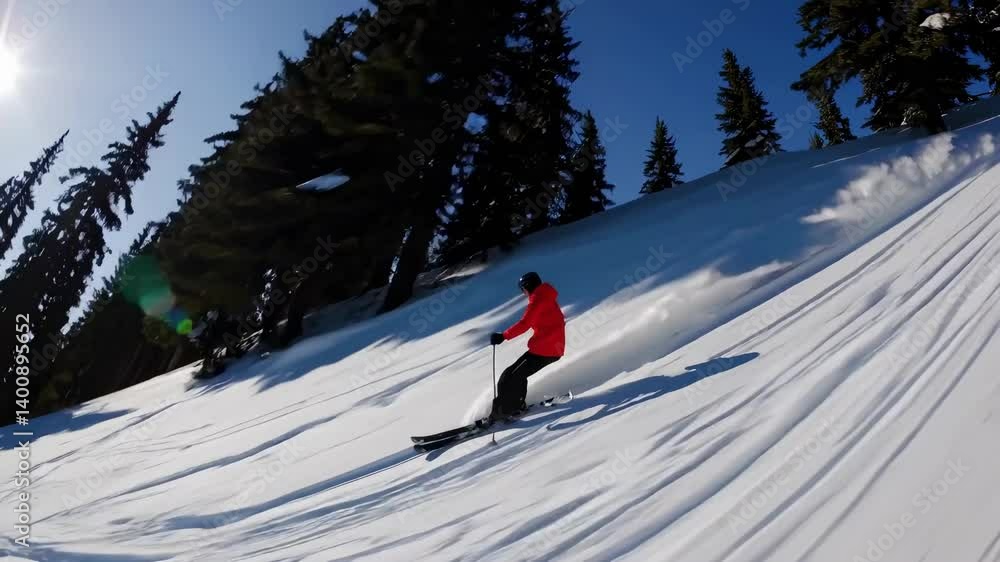 Poster dynamic video still of a skier in a red jacket captured from a low side angle, emphasizing speed and