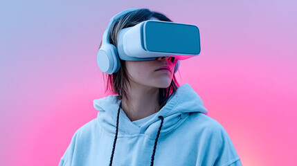 person wearing virtual reality headset and headphones stands against vibrant pink and blue gradient background, creating futuristic and immersive atmosphere