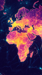 Fototapeta premium A vibrant, colorful map of Africa and Europe, displaying geographical features and urban areas with bright hues against a dark background.