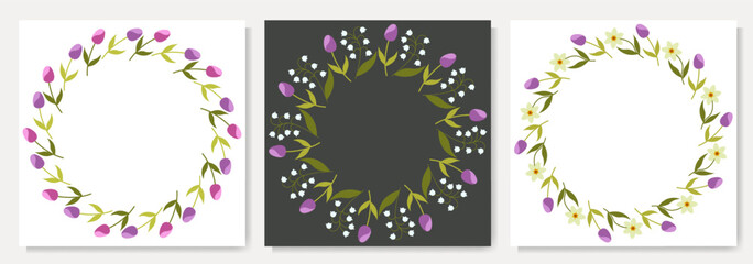 Floral round frames with daffodils, tulips and lilies of the valley